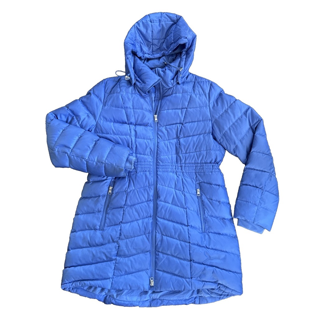 Lands End Down Puffer Parka Women Large Blue Hooded Quilted Mid Length Full Zip